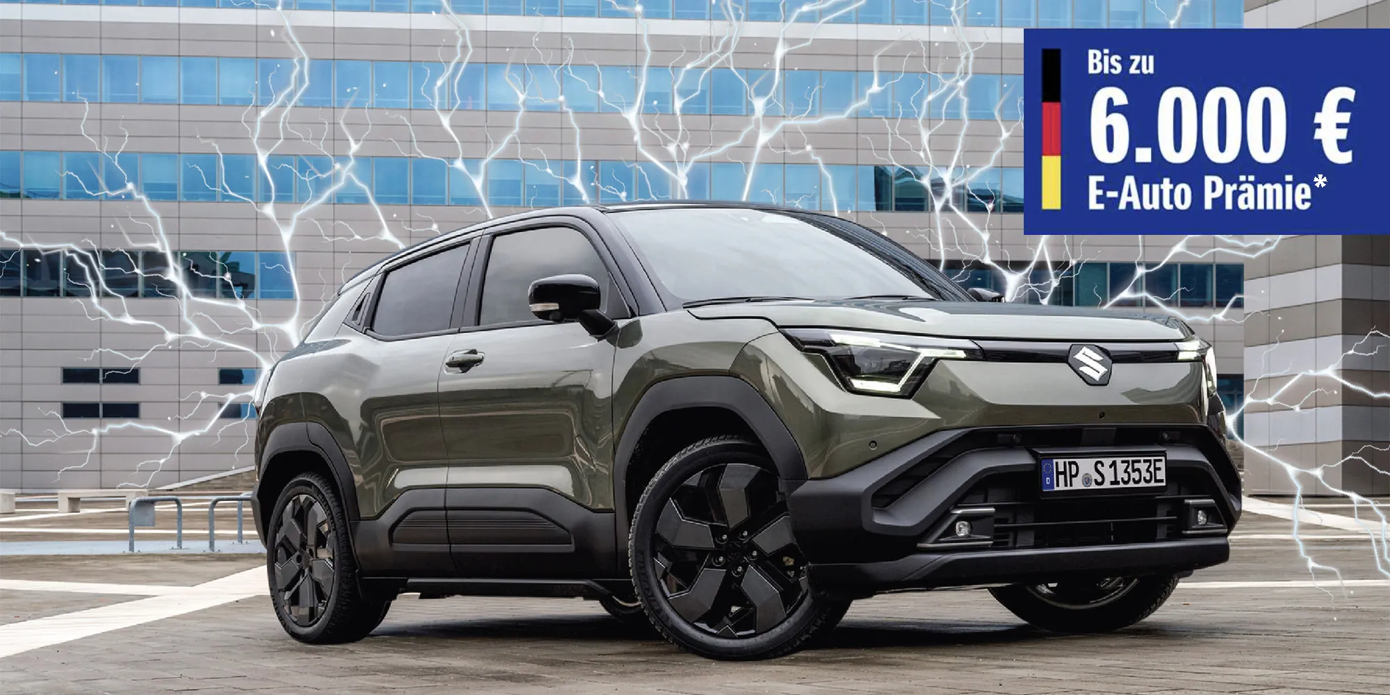 Foto Suzuki e-Vitara mit Hinweis auf Bis zu 6.000 € E-Auto-Förderung