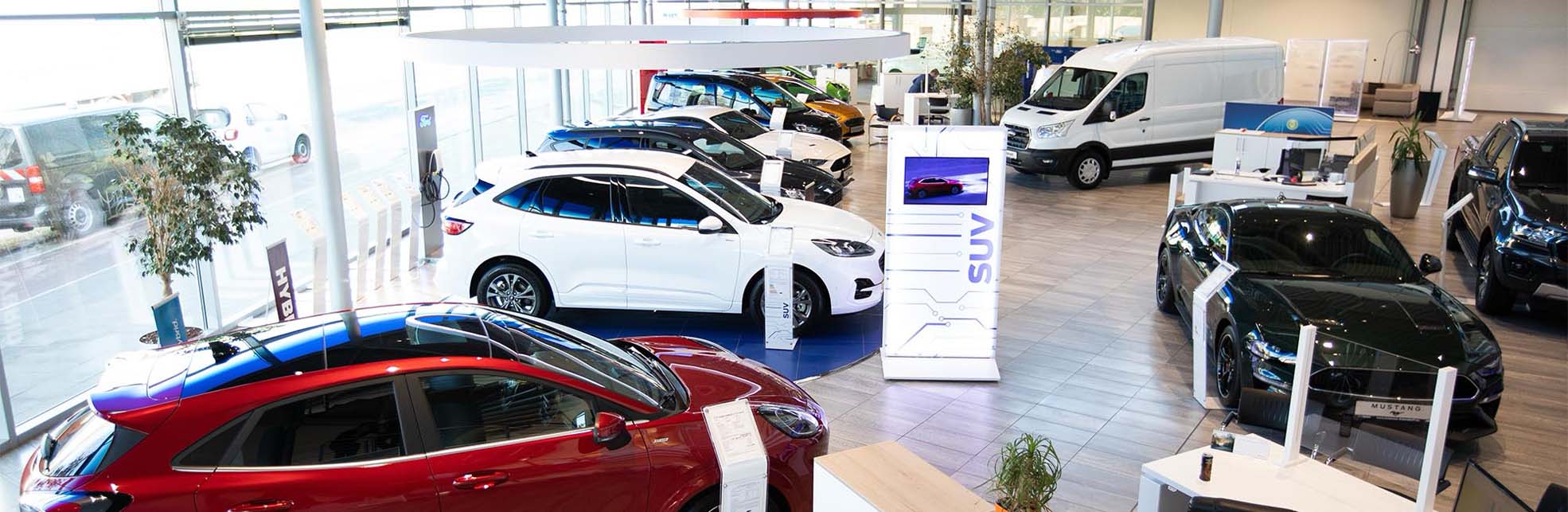 Verschiedene Ford Fahrzeuge auf einem bunten und dynamischen Hintergrund