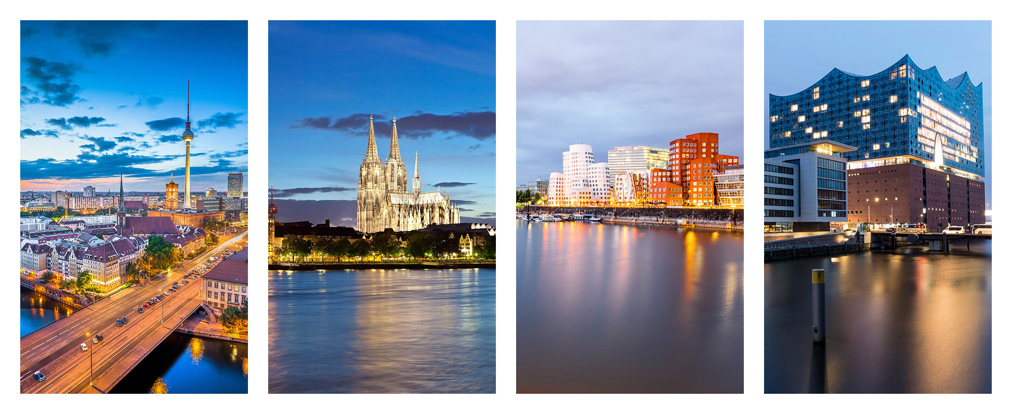 Foto mit Sehenswürdigkeiten aus Berlin, Köln, Düsseldorf, Hamburg