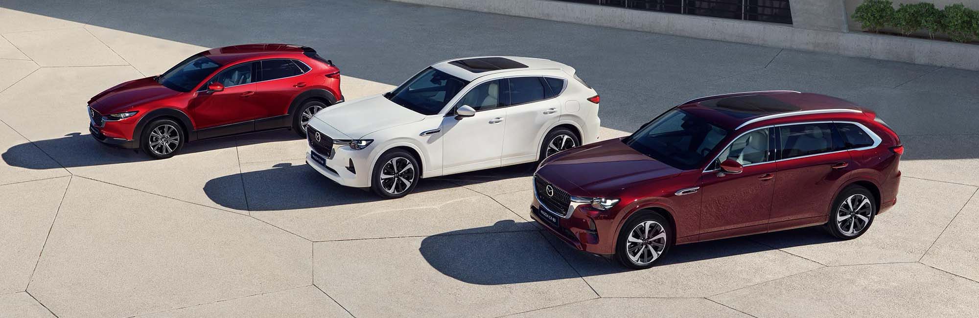 Verschiedene Mazda Fahrzeuge auf eine dynamischen Hintergrund