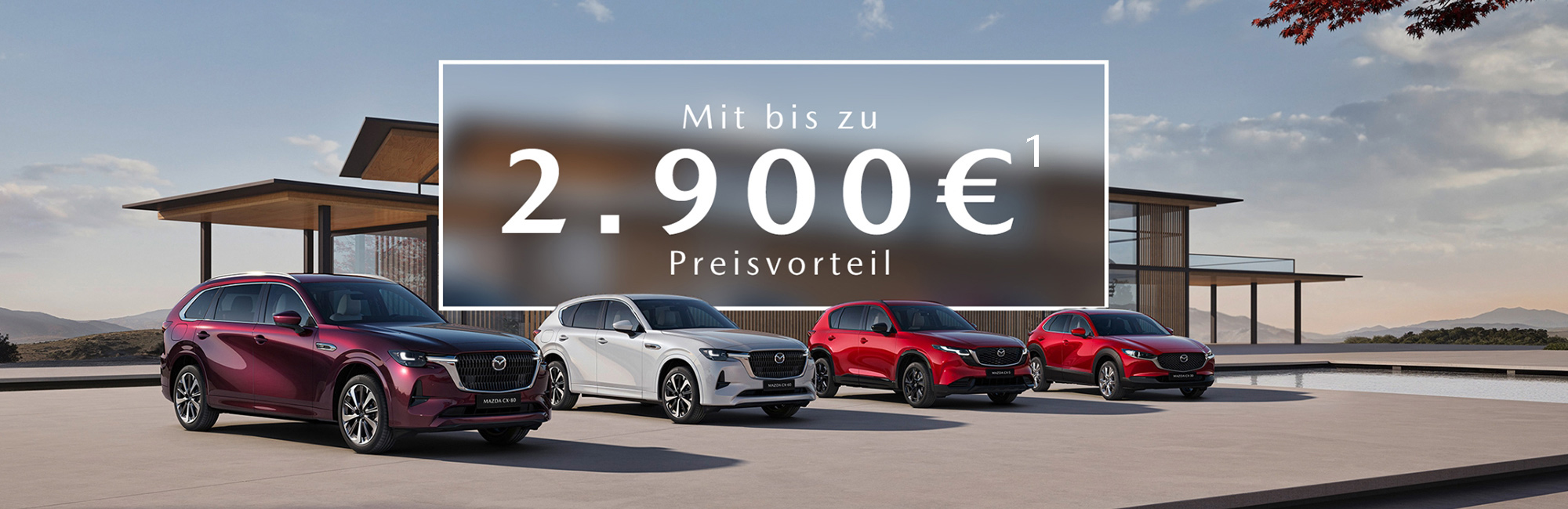 Mazda SUV-Range Frontansicht mit Störer der aussagt Mit bis zu 2.900 Euro Preisvorteil Hochziffer 1